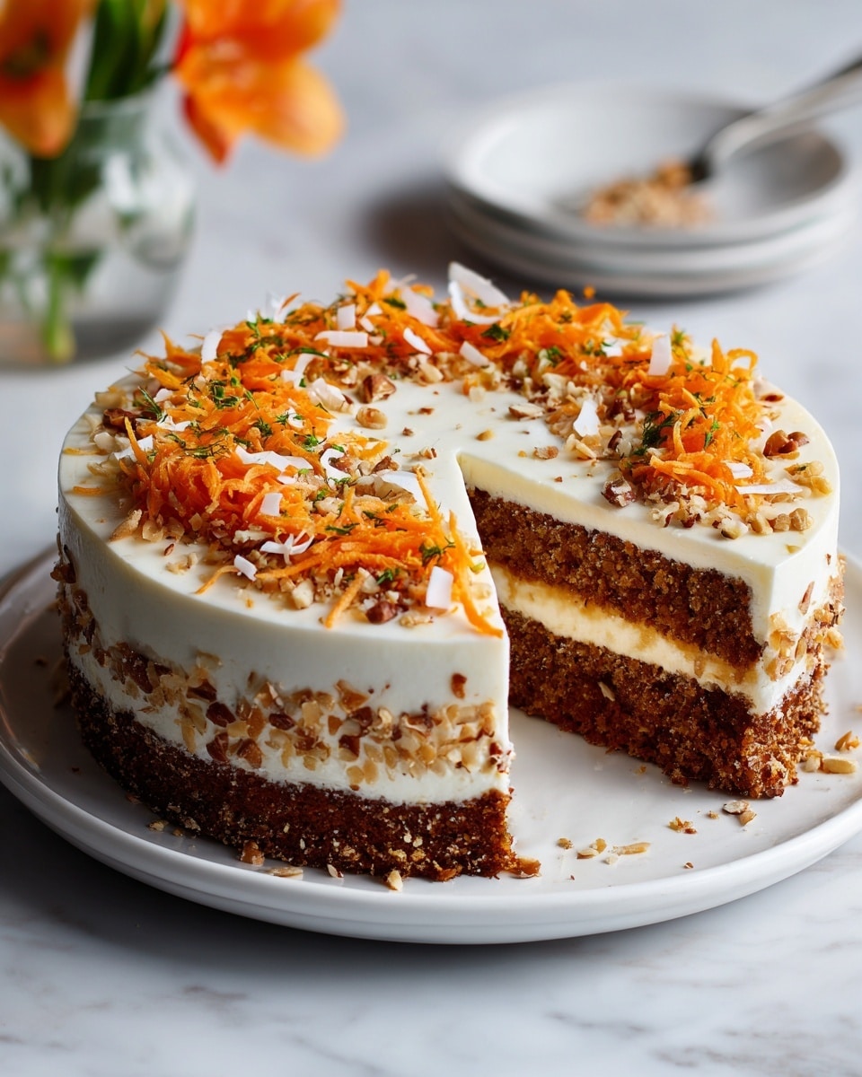A round carrot cake with three visible layers sits on a white plate on a white marbled surface. The bottom layer is a crumbly, dark brown cake base. Above it is a thin layer of white cream frosting that wraps around the cake lightly. The thick top layer is a smooth, creamy white frosting. The top of the cake is decorated with shredded orange carrot, light brown chopped nuts, and shredded coconut creating a textured and colorful finish. Photo taken with an iphone --ar 4:5 --v 7