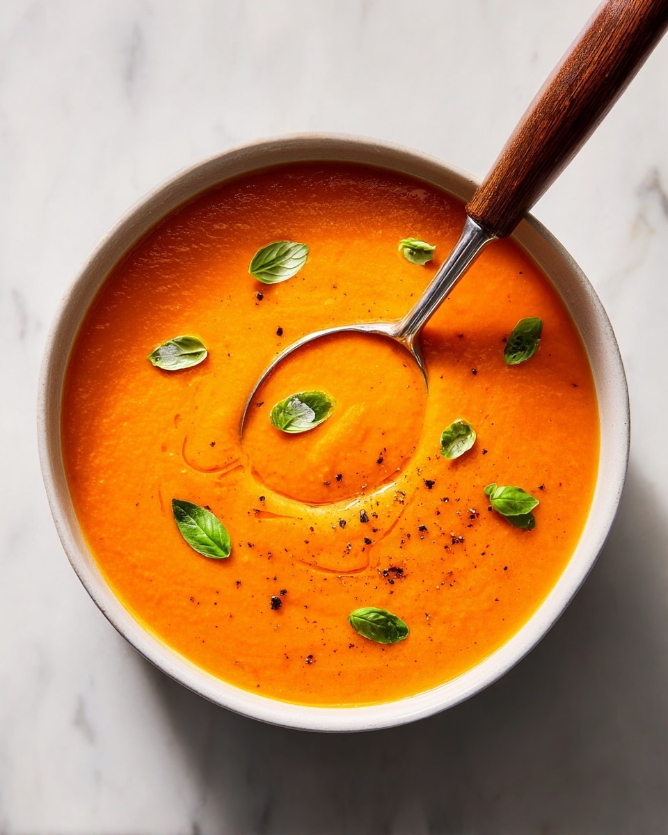 A white bowl filled with smooth, bright orange soup, topped with small green basil leaves scattered evenly across the surface. A silver ladle with a brown wooden handle dips into the soup from the left side, creating a slight ripple around it. The bowl rests on a white marbled surface with a soft shadow below, giving a clean and fresh look. Photo taken with an iphone --ar 4:5 --v 7
