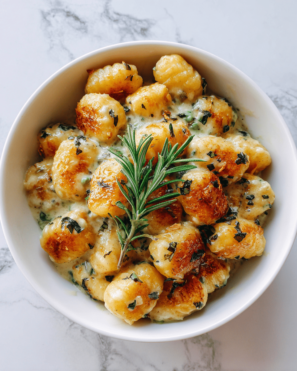 A white bowl filled with browned gnocchi pieces in a creamy white sauce that coats the bottom and partly covers each gnocchi. The gnocchi have a golden-brown, slightly crispy texture on their tops and some sides, with green herb flakes sprinkled over them evenly. A fresh green sprig of rosemary sits on top in the center, adding a pop of color. The bowl is placed on a white marbled surface, showing a cozy and rich dish. photo taken with an iphone --ar 4:5 --v 7