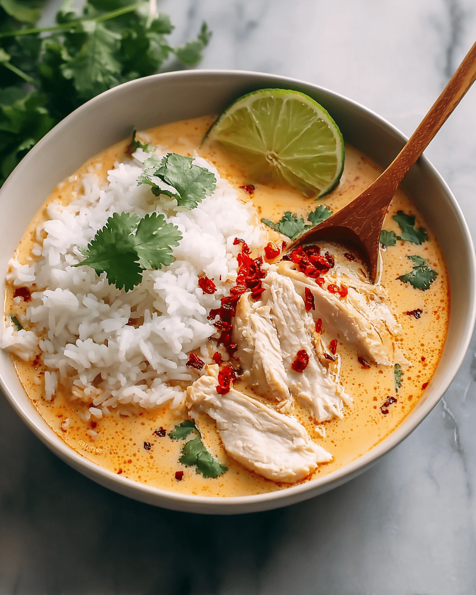 A dark bowl on a white marbled surface holds a creamy orange soup base with specks of red chili oil and green herbs mixed in. Inside the soup, there is a large piece of white chicken breast, sliced halfway with the top part lifted by a wooden spoon to show the tender texture. To one side, there is a neat mound of fluffy white rice topped with a few green herb leaves. A lime wedge is placed between the chicken and rice, adding a bright green contrast. The overall scene is softly lit, showing the fresh and rich colors of the dish. Photo taken with an iphone --ar 4:5 --v 7