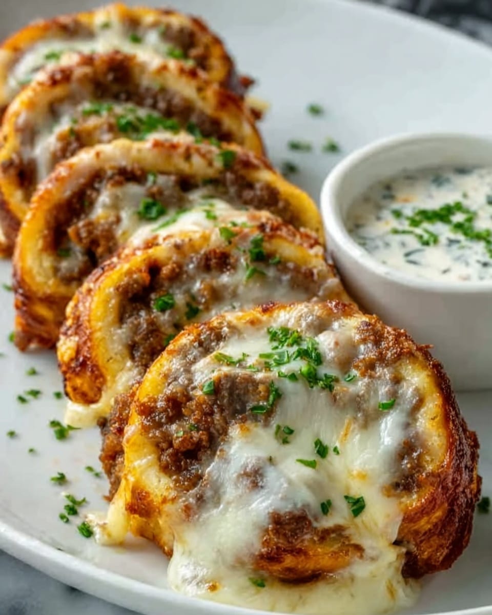 The image shows a white plate filled with several small, round, spiral rolls made of layered dough with melted cheese and browned ground meat inside each spiral. The outer layer is golden brown and crispy, while the inner layers show gooey, melted white cheese mixed with seasoned ground meat. The rolls are sprinkled with finely chopped green herbs on top. At the back of the plate is a small white bowl filled with a creamy white dip topped with green herbs. The surface under the plate is a white marbled texture. photo taken with an iphone --ar 4:5 --v 7