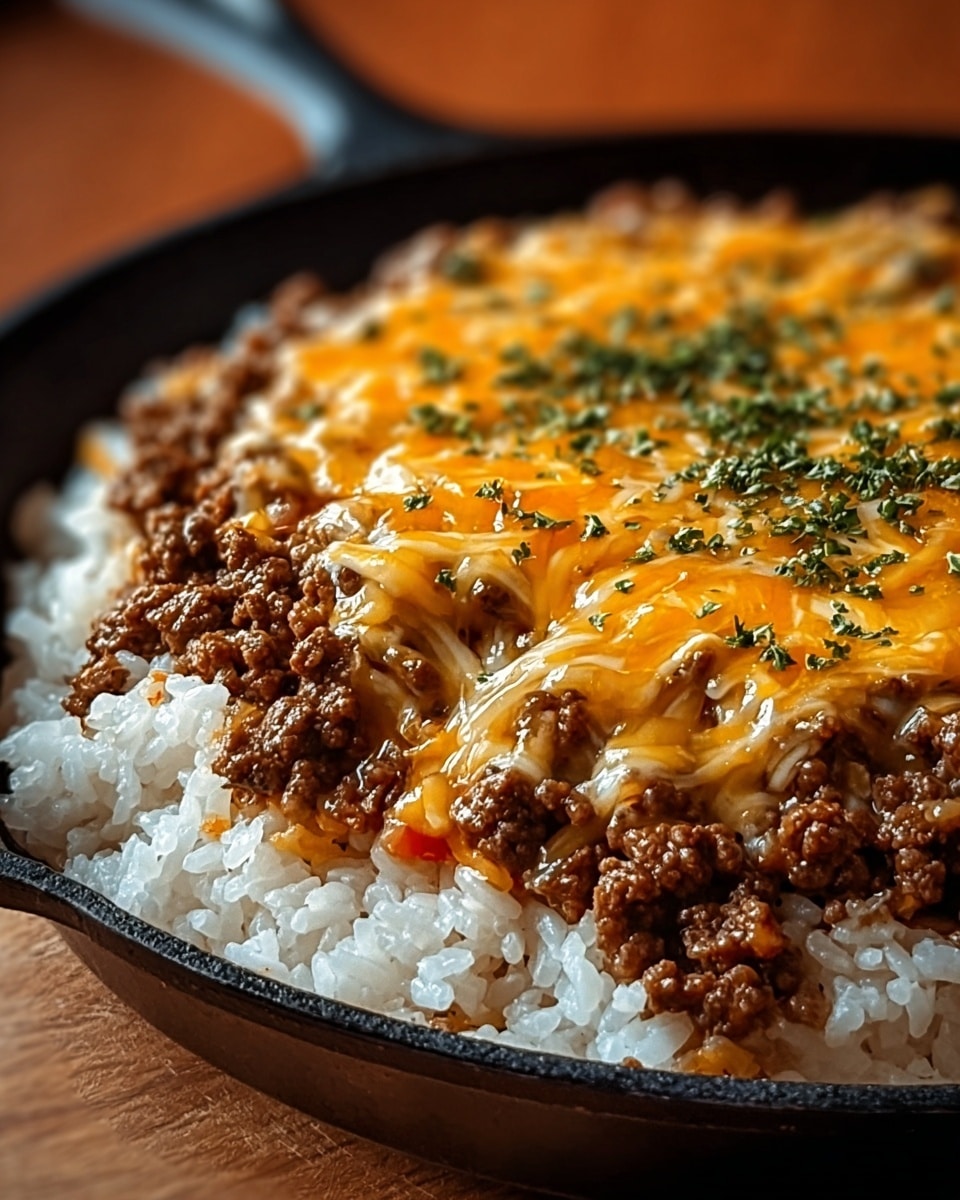 A close-up of a dish in a black skillet shows three visible layers: the bottom layer is white rice with a soft and slightly sticky texture, the middle layer is cooked ground beef with a brown, crumbly texture, and the top layer is melted yellow and white shredded cheese, glossy and slightly gooey, sprinkled with finely chopped green herbs concentrated mostly in the center. photo taken with an iphone --ar 4:5 --v 7