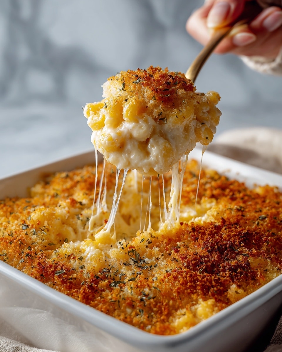 A white rectangular dish filled with three layers of baked mac and cheese, the top layer is a golden brown, crispy breadcrumb crust with small green herb flakes scattered on it. As a woman's hand lifts a spoonful, the middle layer reveals creamy, melted cheese stretching long, smooth strands with a pale yellow color mixed with white sauce. The bottom layer consists of soft macaroni covered by the rich cheese sauce, hidden beneath the crispy topping, all sitting on a white marbled texture surface. photo taken with an iphone --ar 4:5 --v 7