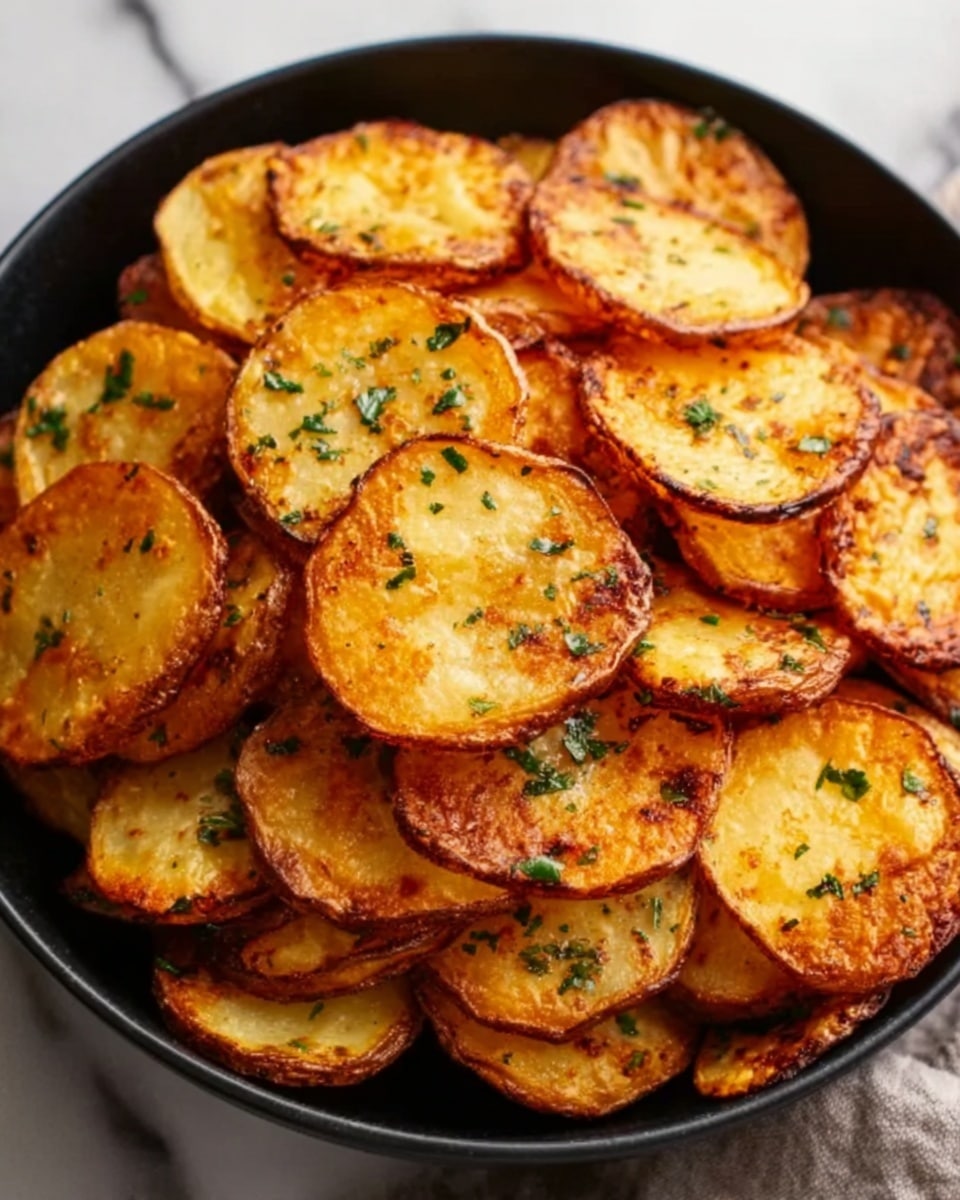 A white bowl filled with many thin, round potato chips that are golden brown with some darker edges. The chips look crispy with a slightly oily shine and have small green herbs sprinkled on them. They are layered unevenly, some overlapping others, showing a mix of lighter and darker toasted areas. The bowl sits on a white marbled surface. Photo taken with an iphone --ar 4:5 --v 7