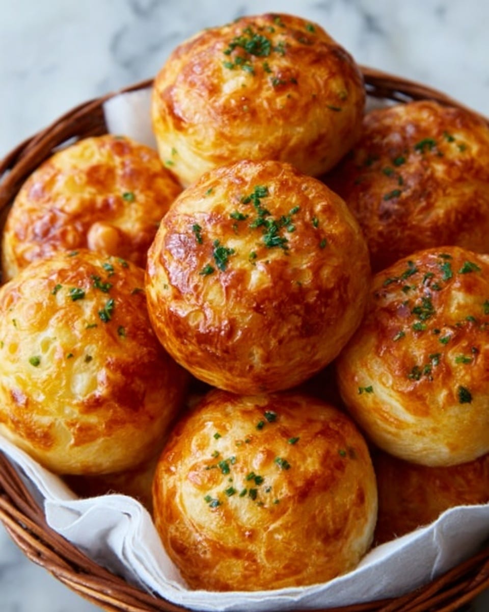 A basket filled with round, golden-brown baked cheese balls, each with a shiny, slightly cracked top and some small green herb bits sprinkled on them. The basket is lined with white parchment paper, and the background is a white marbled surface. The cheese balls are stacked close together, showing their fluffy texture and subtle browning on the edges. Photo taken with an iphone --ar 4:5 --v 7