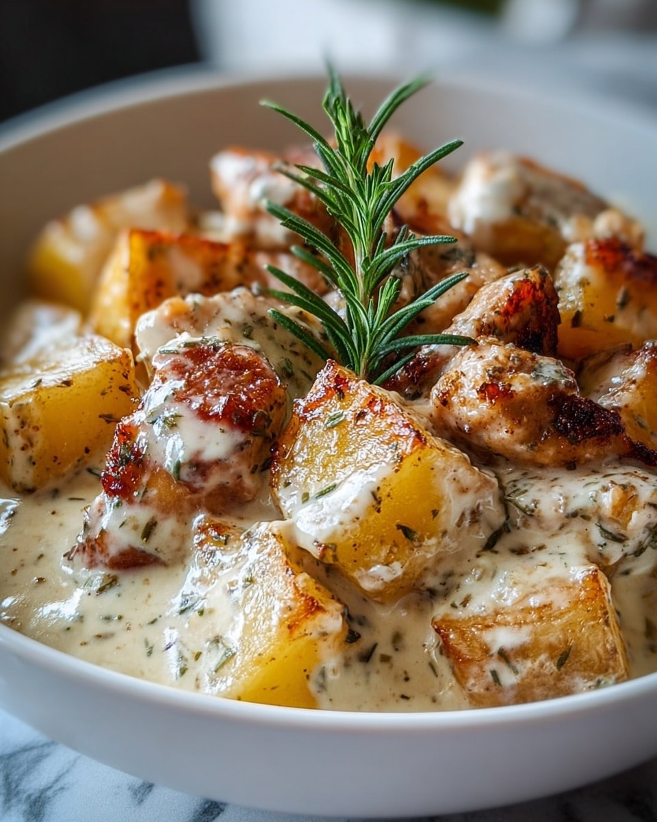 This image shows a close-up of a creamy dish served in a white bowl. It contains three main layers: large golden-brown cubes of roasted potatoes with crispy edges, tender pieces of browned chicken coated in a light creamy sauce mixed with herbs, and a thick, white creamy base that surrounds all ingredients. On top, a sprig of fresh green rosemary adds a touch of freshness. The textures show a mix of creamy, crispy, and juicy elements. The background surface is a white marbled texture. photo taken with an iphone --ar 4:5 --v 7