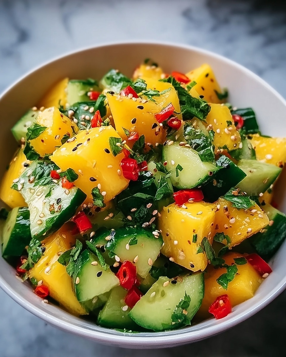 A white bowl filled with a fresh salad showing two main layers: chunky bright yellow mango cubes and thick cucumber slices with dark green skin, mixed with thin strips of red chili pepper scattered evenly throughout. The salad is topped with small green cilantro leaves and white sesame seeds, all sitting on a white marbled surface. The colors are bright and vibrant, showing freshness and a mix of textures from soft to crisp. Photo taken with an iphone --ar 4:5 --v 7