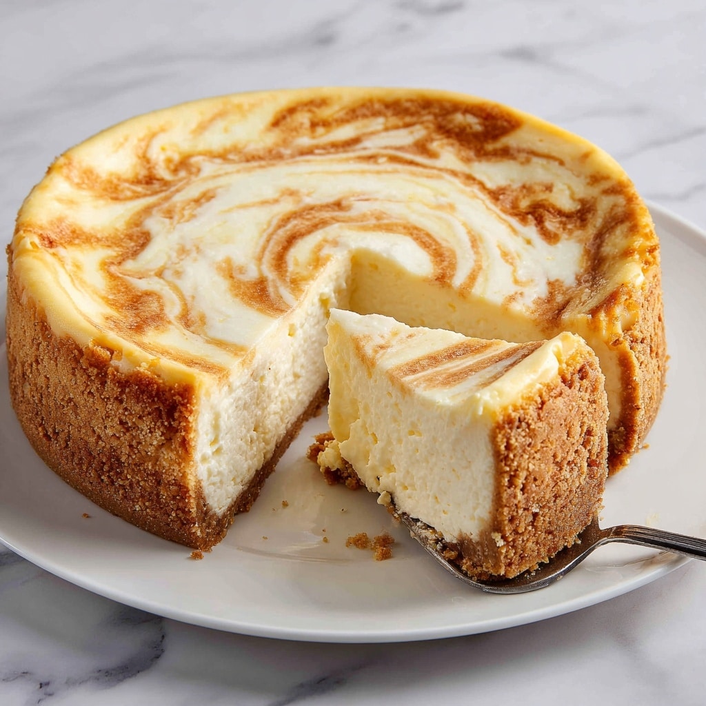 A close-up view of a round cheesecake with a golden-brown crust around the edges and a thick, smooth layer of creamy, pale yellow filling on top. The texture of the filling looks soft and slightly wavy, showing a few spoon marks. The cheesecake sits on a white plate placed on a white marbled surface. The lighting highlights the shiny and smooth texture of the creamy layer. Photo taken with an iphone --ar 4:5 --v 7