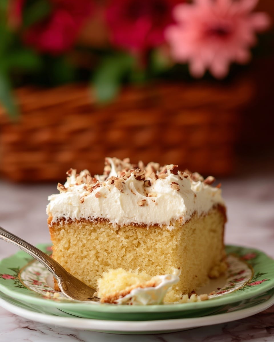A slice of yellow sponge cake with a light, fluffy texture sits on a white plate with green patterns. The cake has two layers: a thick base of soft yellow cake and a top layer of creamy white frosting sprinkled with small brown nut pieces. A fork rests on the plate, holding a piece of the cake with both the cake and frosting visible. The background features a blurred orange basket and pink flowers, all set on a white marbled surface. photo taken with an iphone --ar 4:5 --v 7