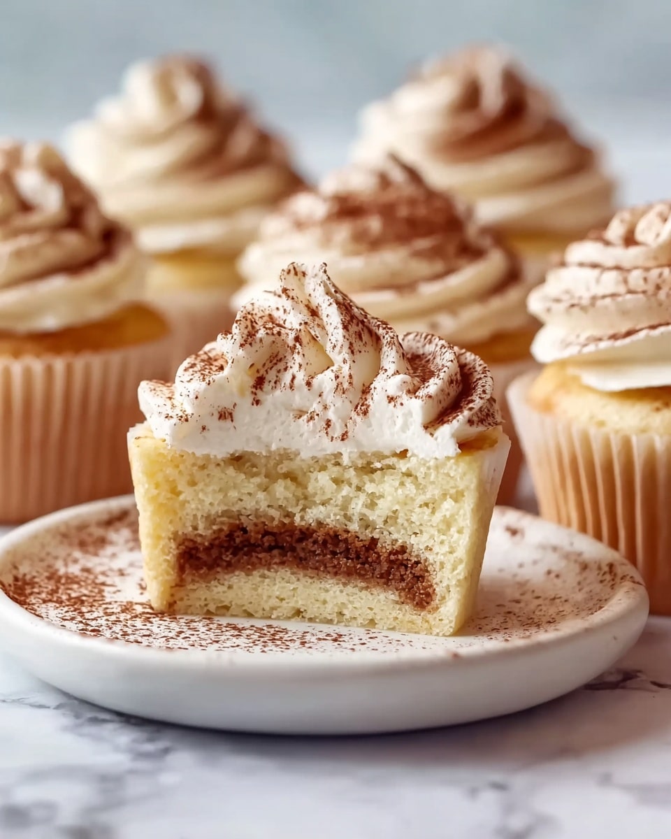 A close-up view of several cupcakes on a white plate, each with a generous swirl of white cream frosting on top, sprinkled with fine brown cocoa powder. One cupcake in the front is cut in half, revealing two light yellow cake layers separated by a thin layer of filling and topped with the same thick white frosting dusted with cocoa powder. The surface beneath the plate has a white marbled texture with some scattered cocoa powder around the plate edges. The overall scene is softly lit, focusing on the creamy texture and cocoa detail. Photo taken with an iphone --ar 4:5 --v 7