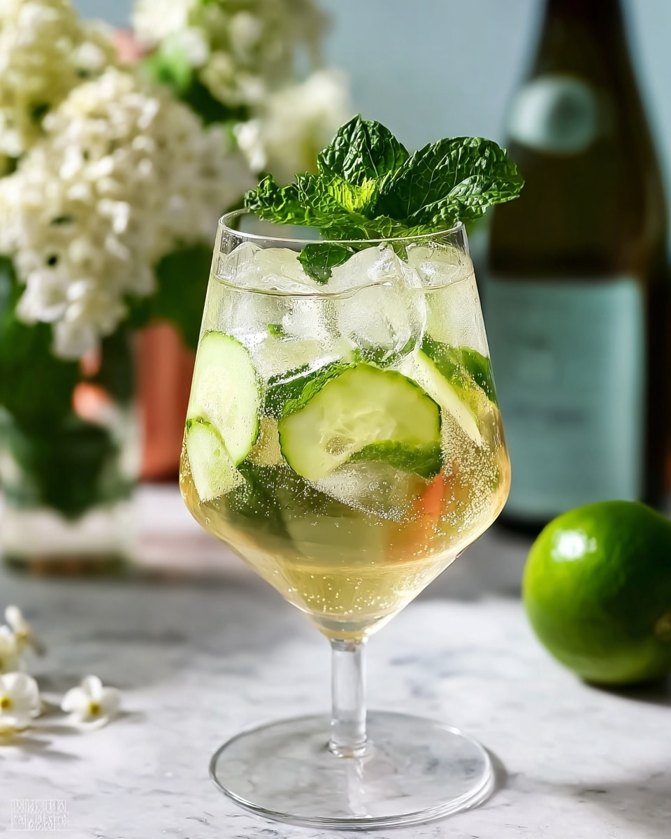 The image shows a tall, clear wine glass filled with a light golden liquid layered with many ice cubes and thin green lime slices, creating a refreshing look. On top of the drink is a bright green sprig of fresh mint, adding a textured, vibrant color contrast. The glass stands on a surface with a white marbled texture, with a lime placed in the background on the left and some blurry flower clusters in the top right background. The scene feels fresh and cool with natural light reflecting off the ice and glass. photo taken with an iphone --ar 4:5 --v 7
