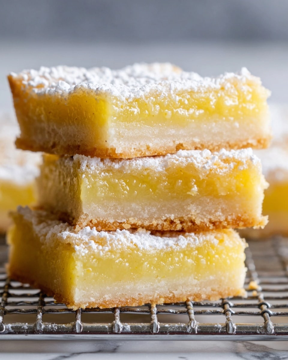 A close-up of four lemon bars stacked on a metal cooling rack, each bar showing two layers: a thick, pale yellow, smooth lemon filling on top and a slightly crumbly, light beige crust on the bottom. The top lemon layer has a shiny texture with a dusting of powdered sugar, which also lightly covers the crust edges and cooling rack. The background is a white marbled texture, creating a soft contrast to the warm colors of the bars. Photo taken with an iphone --ar 4:5 --v 7