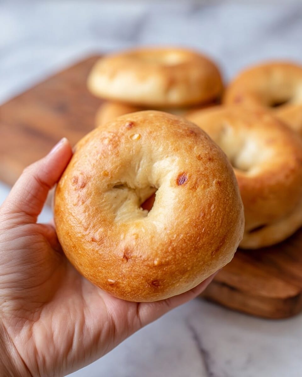 A close-up photo shows a woman's hand holding a single round bagel with a slightly golden-brown crust and a small hole in the center. The bagel's surface is smooth with subtle uneven textures and a few light brown spots, indicating it is freshly baked. In the background, out of focus, there are more bagels placed on a wooden board. The whole scene is set on a white marbled surface. Photo taken with an iphone --ar 4:5 --v 7