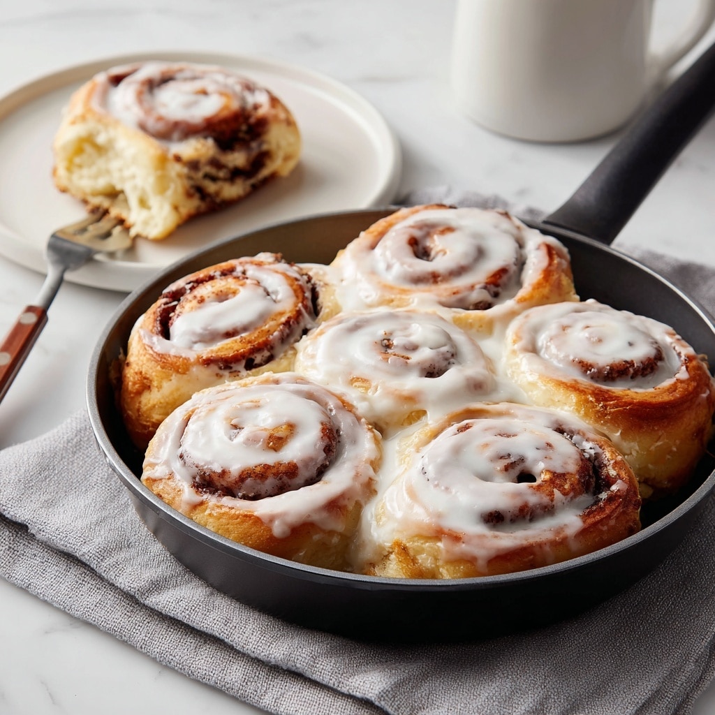 The image shows seven golden-brown cinnamon rolls in a round black pan. The rolls are soft with swirled layers of dough and cinnamon filling. Some rolls are topped with a thin layer of white icing, which looks smooth and slightly glossy. The pan sits on a white marbled surface with a light beige cloth underneath. In the background, there is a white plate with sliced cinnamon rolls and a silver fork. A woman's hand holds one roll from the plate, lifting it slightly. Photo taken with an iphone --ar 4:5 --v 7