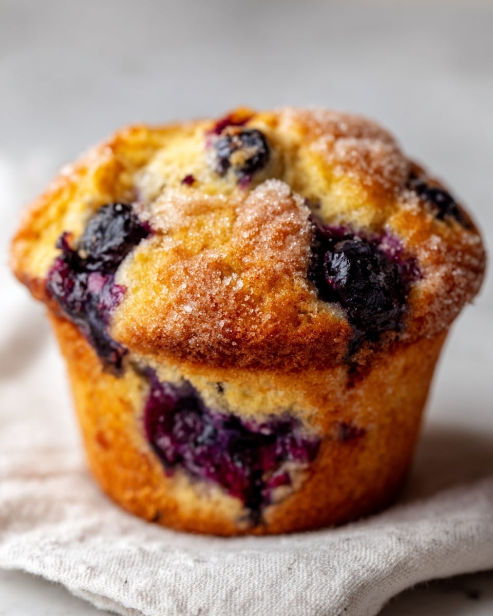 The image shows a close-up of a single blueberry muffin on a beige cloth. The muffin has a golden-brown top with a slightly crunchy texture and visible granules of sugar sprinkled across it. Inside the muffin, dark purple blueberries are visible, some slightly bursting and creating a mix of purple and blue colors against the soft, light-yellow cake. The sides are a warm, golden brown and the muffin has a tall, rounded top that slightly cracks, showing its moist inside. The background is a white marbled texture. Photo taken with an iphone --ar 4:5 --v 7