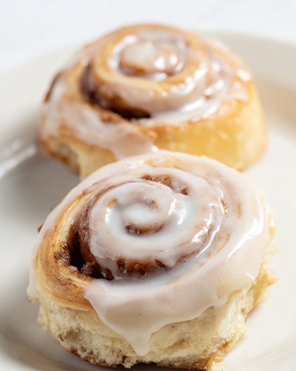 Two cinnamon rolls are placed on a white plate set on a white marbled texture. Each cinnamon roll has a light golden-brown base with a visible swirl pattern of darker cinnamon inside. The rolls are generously covered with a creamy white glaze that looks smooth and shiny, melting slightly around the edges. The layers of dough and cinnamon filling create a soft, fluffy texture, while the icing adds a glossy, sweet finish. The cinnamon rolls are positioned close together, with the one in front being more in focus. Photo taken with an iphone --ar 4:5 --v 7