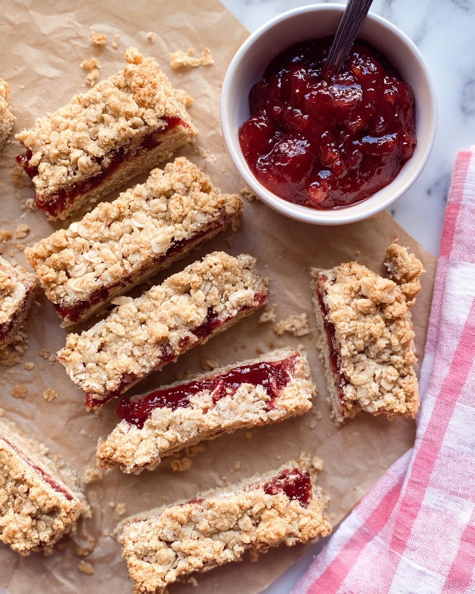 The image shows several rectangular oat bars with a visible middle layer of red jam. The oat bars have a crumbly, light tan top and bottom layer made of oats, with the jam layer peeking out in between. Some oat bars are whole, while others are broken into smaller pieces, revealing the jam inside. Near the oat bars, there is a white bowl filled with thick red jam. The oat bars and bowl are on a sheet of brown parchment paper placed on a white marbled surface. To the right, a pink and white checkered cloth is partially visible. photo taken with an iphone --ar 4:5 --v 7
