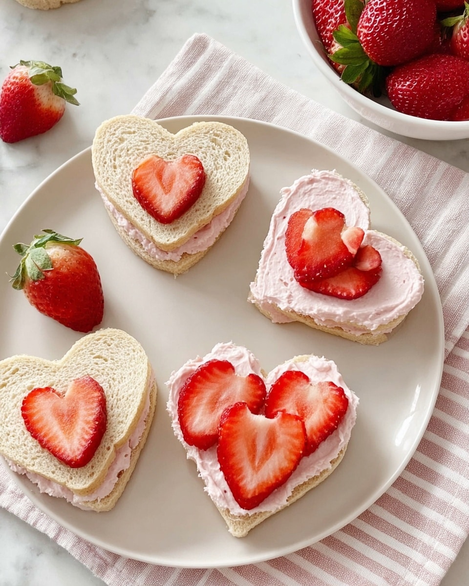 A white round plate on a white marbled surface holds six small heart-shaped sandwich pieces, three of which are closed with light beige bread on top, showing a middle layer of pink cream and bright red strawberry slices peeking out, while the other three are open-faced with a thick spread of pink cream on the bread base and topped with fresh red strawberry slices arranged neatly. The plate is partially placed on a white cloth with light pink stripes, and a white bowl with whole strawberries is visible in the top right corner. Photo taken with an iphone --ar 4:5 --v 7