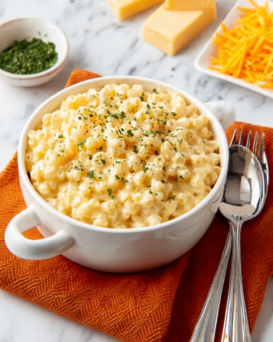 A white bowl filled with creamy mac and cheese is centered on an orange cloth napkin, which rests on a white marbled surface. The mac and cheese has a soft, cheesy texture with small pasta pieces coated in a light yellow cheese sauce. It is sprinkled with finely chopped green herbs on top. To the right side, there is a silver spoon and fork placed side by side on the surface. Behind the bowl, there are a few blocks of yellow cheese and a small white dish with more herbs. photo taken with an iphone --ar 4:5 --v 7