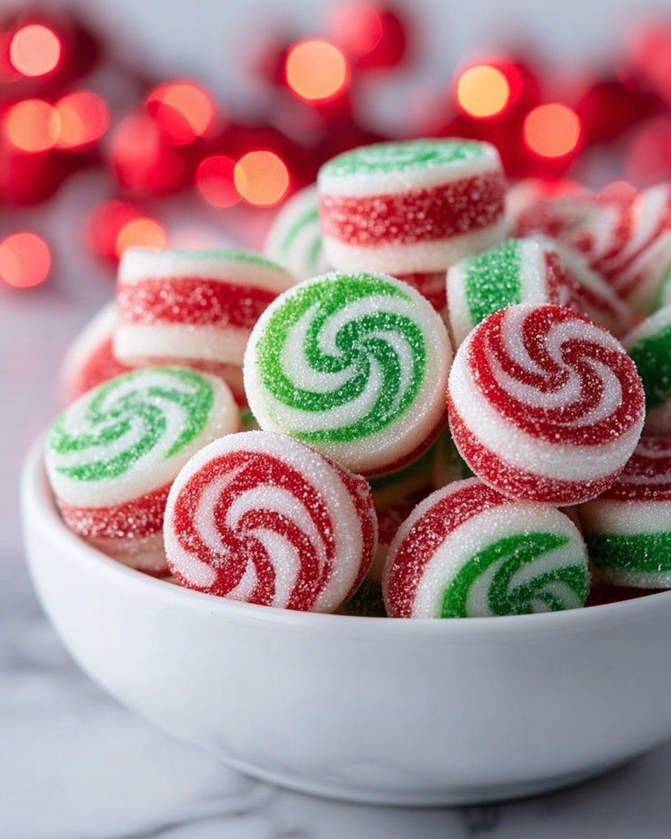 A white bowl full of round candies stacked together shows colorful layers with red, green, and white swirls and stripes. Each candy has shiny, sugar-coated bands that alternate between smooth white and glittery red or green, creating a festive look. The candies are piled inside the bowl, with a white marbled surface in the background and soft red and orange glowing lights blurred behind. Photo taken with an iphone --ar 4:5 --v 7