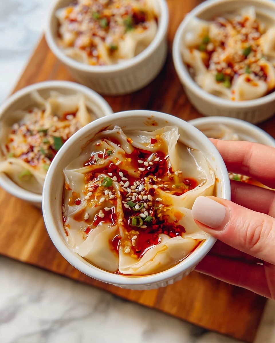 A small white bowl holds several dumplings with soft, pale beige wrappers folded gently around the filling, sitting in a light, translucent broth. The dumplings are topped with bright red chili oil, small white sesame seeds, and bits of green herbs scattered over them. A woman's hand with light pink and white French-tip nails is holding the bowl from the side, showing the textured ridges of the bowl. In the blurry background, three more similar bowls sit on a wooden surface that is partially visible at the bottom of the image, contrasting with the white marbled texture behind. photo taken with an iphone --ar 4:5 --v 7