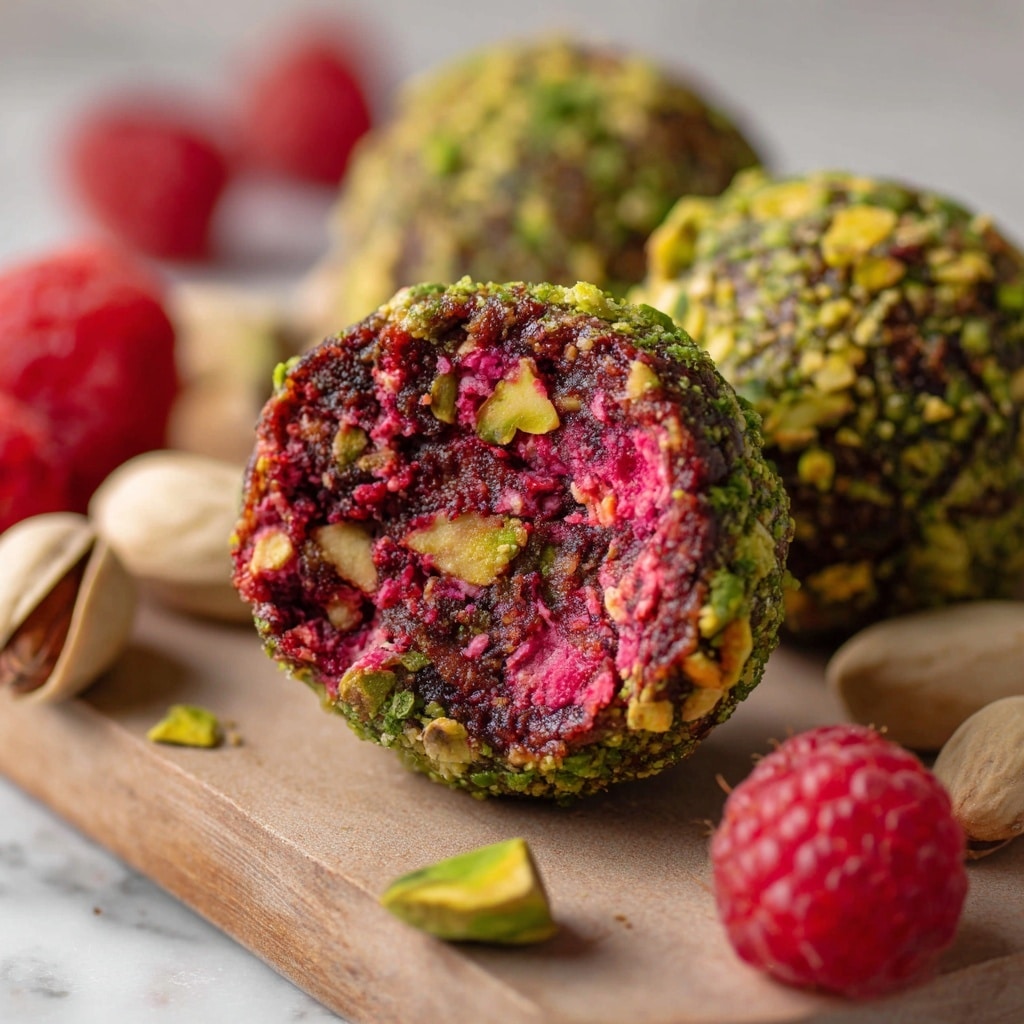 A close-up image showing a cut raspberry pistachio bliss ball resting on a light brown wooden board, with a white marbled surface in the background. The bliss ball has a dark red interior filled with irregular pink and green pieces, showing a crumbly, textured look with bits of pistachio and raspberry throughout. The outer layer is coated with chopped bright green pistachio nuts. Around the main bliss ball are whole pistachios in shells, some shelled pistachio halves, a few fresh red raspberries, and two whole bliss balls in the background, all arranged softly out of focus. The lighting is soft and natural, highlighting the freshness and color contrasts of the ingredients. Photo taken with an iphone --ar 4:5 --v 7