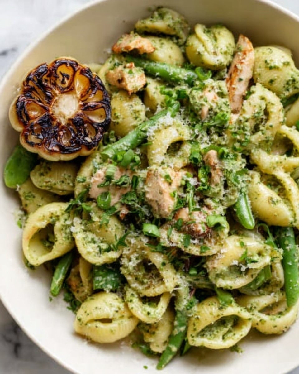 A white bowl filled with pasta shells coated in a green pesto sauce, mixed with pieces of green vegetables and small chunks of mushrooms, topped with a half of a roasted garlic bulb that is golden brown with a slightly charred surface, all placed on a white marbled texture background. photo taken with an iphone --ar 4:5 --v 7