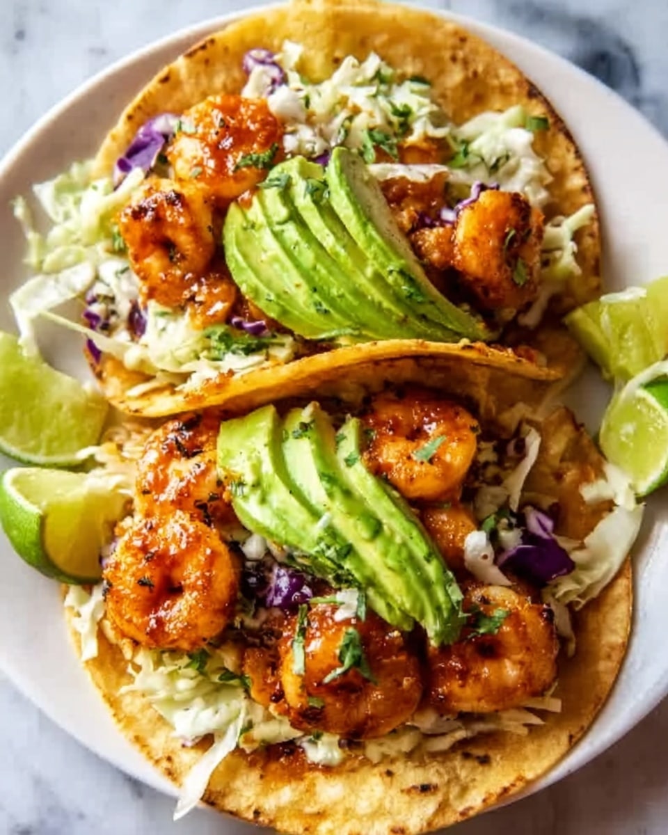 A close-up of two shrimp tacos placed side by side on a white plate, each taco filled with a soft yellow corn tortilla layered with shredded pale green cabbage at the bottom, topped with several grilled shrimp that have a slightly charred, orange-brown texture, and garnished with fresh green slices of avocado and finely chopped green herbs. The tacos are positioned on a white marbled surface, with small pieces of lime scattered around. The colors are vibrant with the orange shrimp and green avocado standing out against the cabbage and tortillas. Photo taken with an iphone --ar 4:5 --v 7