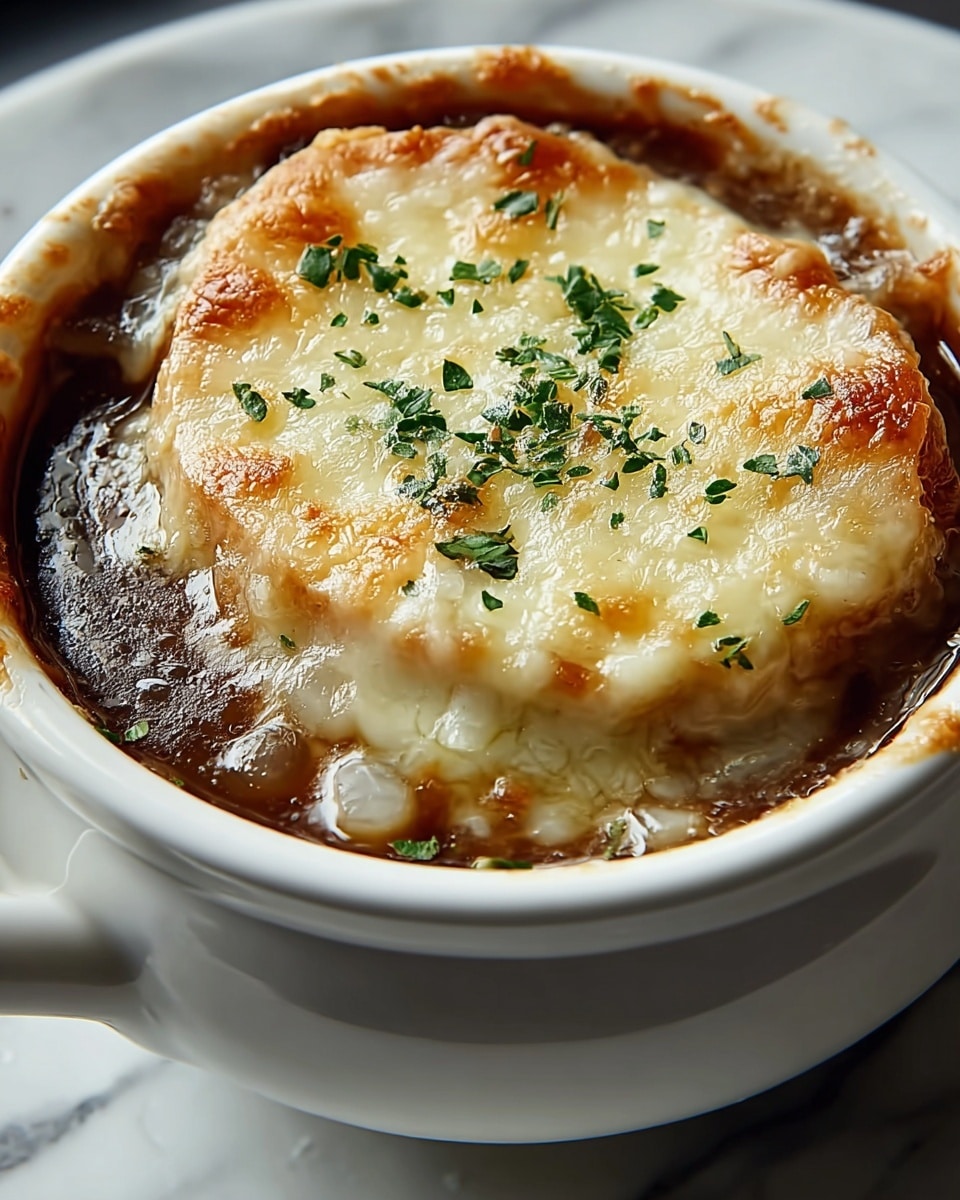 A close-up view of a white ceramic bowl filled with dark brown broth as the base layer, topped by a layer of melted, golden-brown cheese that looks bubbly and slightly crispy around the edges, garnished with small green herb leaves scattered on top; the bowl sits on a white marbled surface. photo taken with an iphone --ar 4:5 --v 7