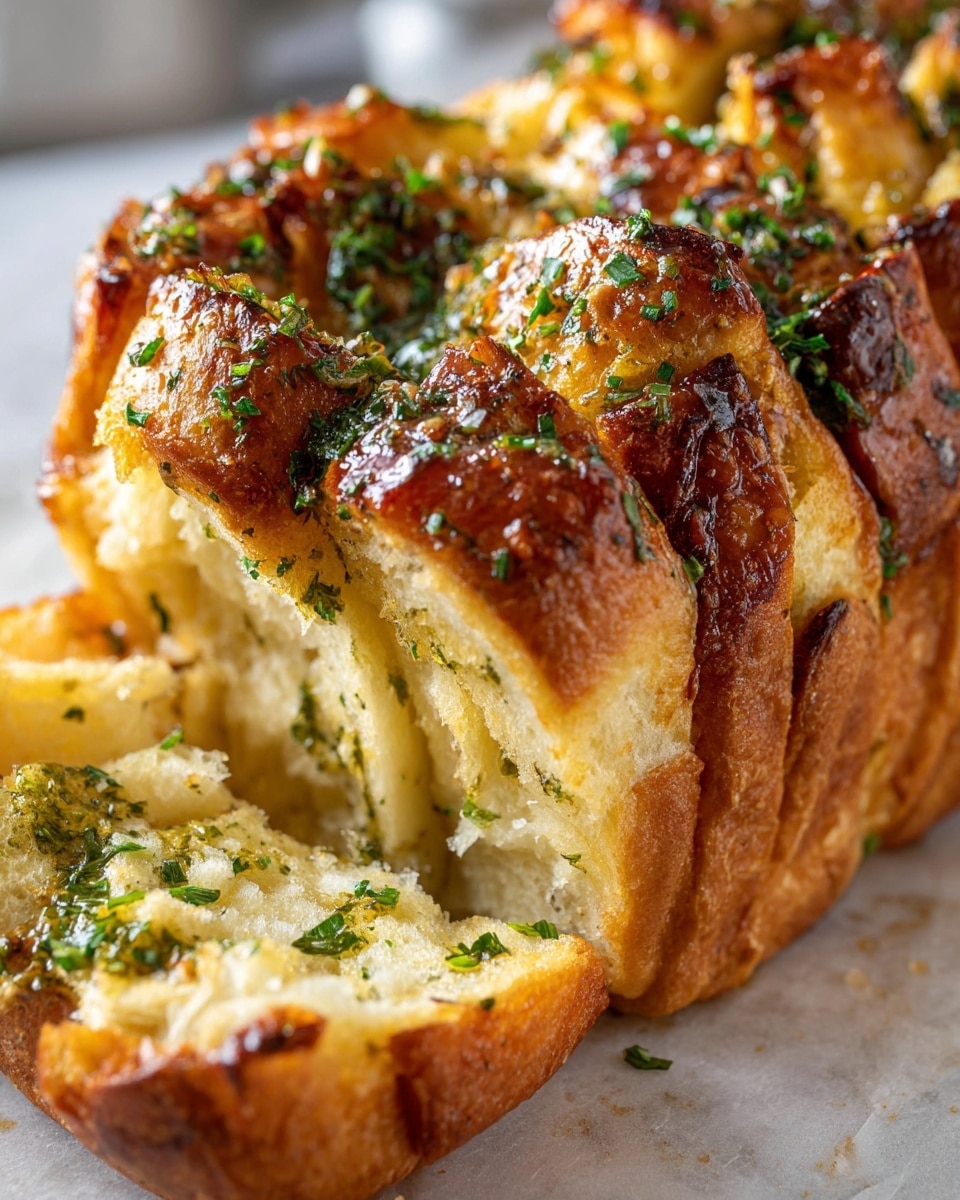 The image shows a close-up of a delicious, golden-brown garlic bread with three visible layers. The bread is soft and fluffy inside, with swirls of white dough mixed with green herbs and small bits of garlic spread evenly across the layers. The top layer is crisp and shiny with a light brown color, sprinkled with chopped parsley or herbs. The texture of the bread looks soft and moist on the inside with a crunchy crust outside. Photo taken with an iphone --ar 4:5 --v 7
