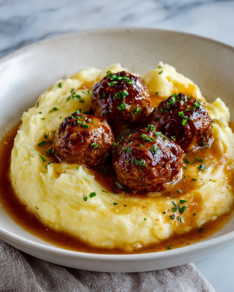 The image shows a white plate with a swirl of creamy, pale yellow mashed potatoes as the base layer, topped with a shiny, rich brown gravy that pools around the edges. On top of the mashed potatoes, there are four round, browned meat patties with a slightly crisp texture and small green herb bits sprinkled on them. Finely chopped green herbs are scattered over the mashed potatoes and patties, adding a fresh touch. The plate sits on a white marbled surface. Photo taken with an iphone --ar 4:5 --v 7