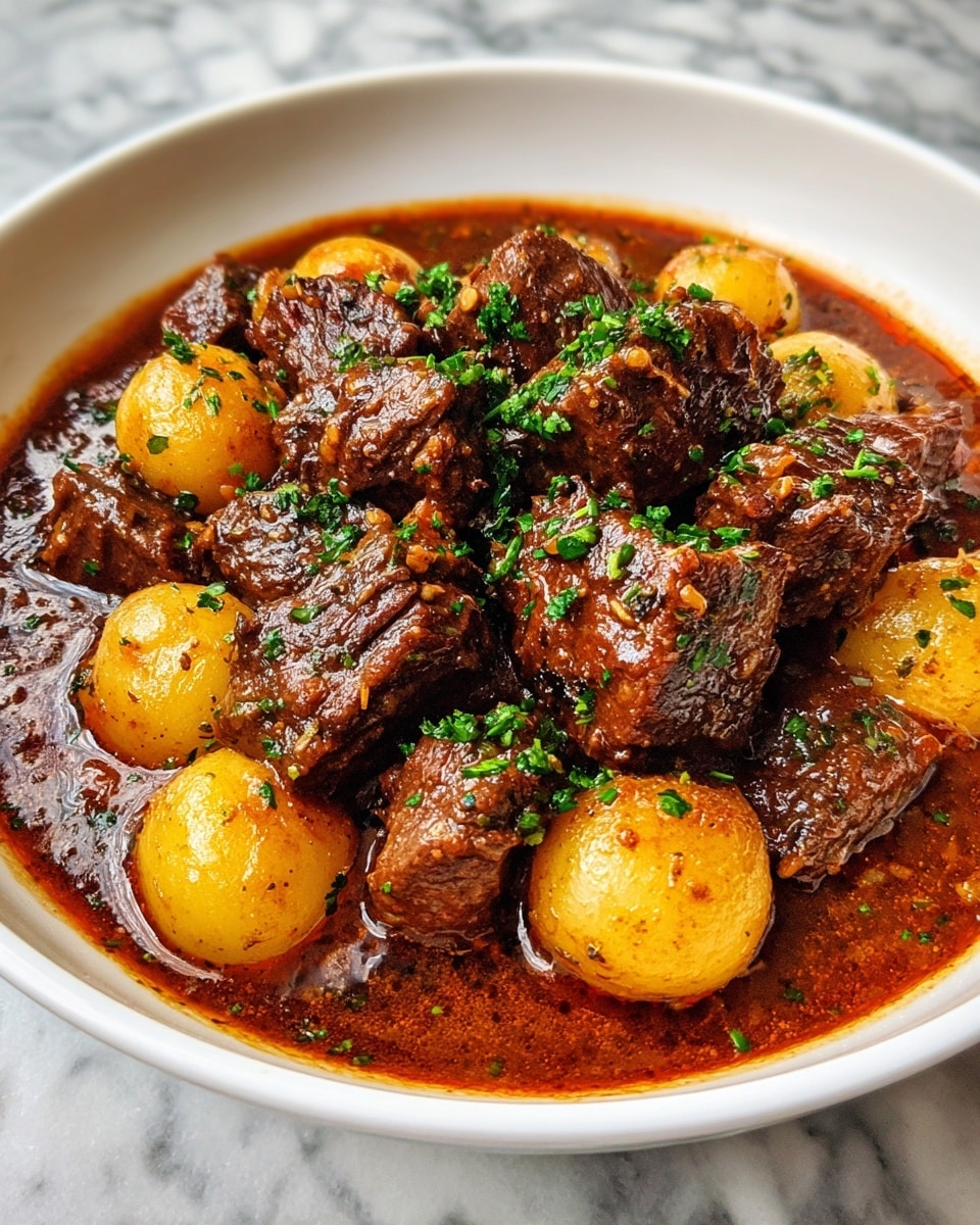 The image shows a white bowl filled with a rich, dark brown stew topped with large chunks of tender meat, each piece covered in a thick, glossy sauce with visible texture and slight shine. Around the meat are several small, round potatoes coated in the same sauce, their yellowish skin peeking through. The dish is sprinkled with bright green chopped herbs for a fresh contrast. The bowl sits on a white marbled surface, and a woman's hand is slightly visible holding the bowl from the side. photo taken with an iphone --ar 4:5 --v 7