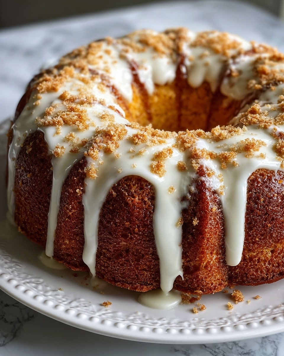 A white plate holds a ring-shaped cake with three visible layers, each dark brown with a crumbly texture resembling streusel. The top is covered with a thick white glaze dripping unevenly down the sides, with extra crumb topping scattered over it. A slice has been cut out, showing the inside texture and the remaining crumb topping near the hole center. The plate is set on a white marbled surface. photo taken with an iphone --ar 4:5 --v 7