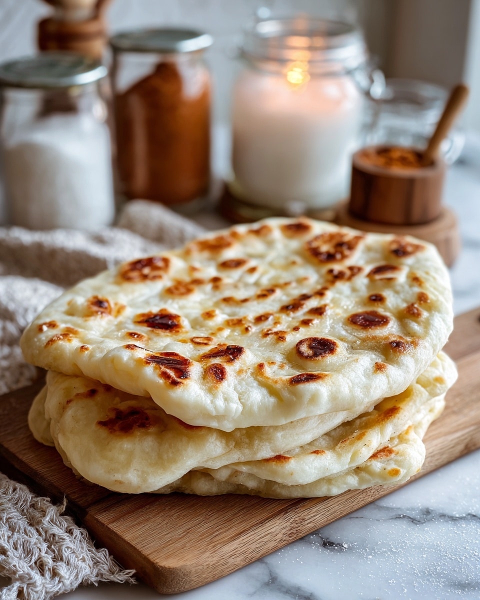 A stack of soft, golden flatbreads with light brown spots is placed on a wooden board. The flatbreads show slight puffiness and have uneven edges, indicating a handmade texture. The background consists of a blurred white candle and rustic containers on a white marbled surface, adding a cozy kitchen atmosphere. photo taken with an iphone --ar 4:5 --v 7