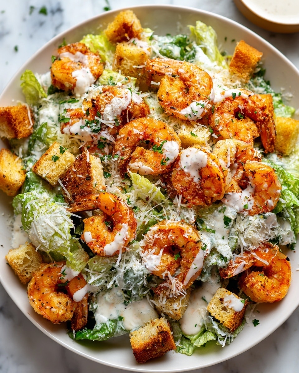 The dish shows a white plate filled with layers starting with fresh, chopped green lettuce at the bottom. On top of the lettuce, there are golden-brown toasted croutons scattered evenly. Covering the croutons, bright orange cooked shrimp are spread over the plate, each shrimp slightly curled with a seasoned look. Drizzled across the shrimp and croutons is a creamy white dressing, creating small dollops with a smooth texture. Thin, pale yellowish-white shaved cheese pieces are sprinkled generously across the entire dish. Small bits of fresh green herbs are lightly scattered, adding a touch of color contrast. The plate sits on a white marbled surface. photo taken with an iphone --ar 4:5 --v 7