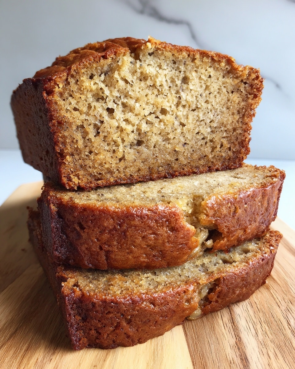 Three thick slices of moist banana bread are stacked tightly on a light wooden surface. The bottom slice shows a darker brown, slightly crispy crust with a textured, dense interior. The middle and top slices reveal a softer, lighter golden-brown crumb with small holes, showing moistness and a tender texture throughout. The background is a soft white marbled texture, softly out of focus, drawing attention to the bread’s rich color and detail. photo taken with an iphone --ar 4:5 --v 7