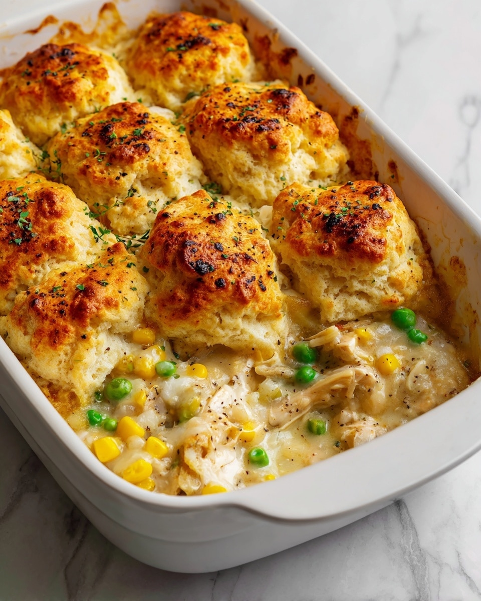 A white rectangular baking dish holds a baked casserole with two visible layers: the bottom layer is creamy with bright yellow corn kernels and green peas mixed with a light sauce, and the top layer consists of golden-brown, fluffy biscuit dollops spread evenly with some herbs sprinkled on top. The edges of the dish show a bit of browned bubbling sauce, and the white marbled surface beneath adds brightness to the scene. photo taken with an iphone --ar 4:5 --v 7