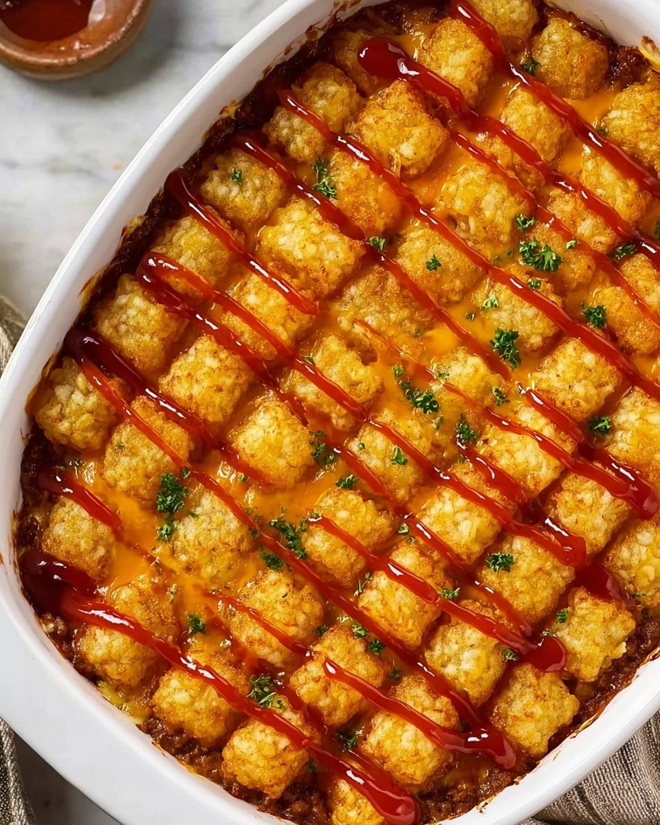 The image shows a white baking dish filled with a layered tater tot casserole. The bottom layer is a rich brown meat sauce visible along the edges. Above the sauce is a layer of melted golden-yellow cheese that looks gooey and melted. The top layer consists of evenly arranged rows of crispy golden-brown tater tots, each one square-shaped with a crunchy texture. Bright red lines of ketchup are drizzled in diagonal stripes over the tater tots. Small sprinkles of green parsley add contrast and a fresh look to the dish, all set on a white marbled surface. photo taken with an iphone --ar 4:5 --v 7