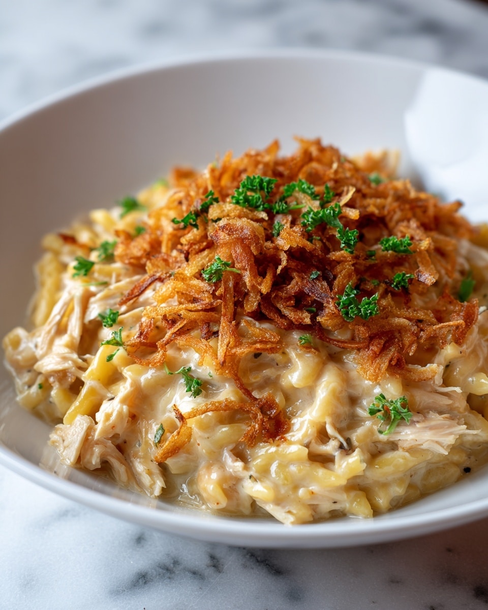 This dish is a creamy pasta served in a white bowl, with three main layers. The bottom layer is soft, light golden pasta mixed with shredded chicken pieces that are pale and tender. The middle layer is a rich, creamy sauce that coats the pasta and chicken, giving it a shiny, smooth texture. On top, there is a generous layer of golden-brown, crispy fried onions, garnished with small sprinkles of fresh green herbs for color contrast. The bowl sits on a white marbled surface. photo taken with an iphone --ar 4:5 --v 7