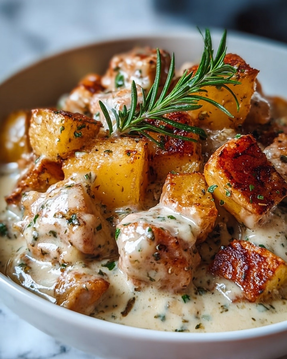 A close-up image shows a creamy dish in a white bowl, filled with several large golden-brown roasted potato cubes with crispy edges, mixed with browned pieces of chicken coated in a thick white sauce sprinkled with green herbs. The dish is garnished with a small sprig of fresh rosemary placed in the center. The creamy sauce pools around the chunky ingredients, giving the whole dish a rich, textured look. The background features a soft focus effect with a white marbled texture surface visible at the bottom. photo taken with an iphone --ar 4:5 --v 7