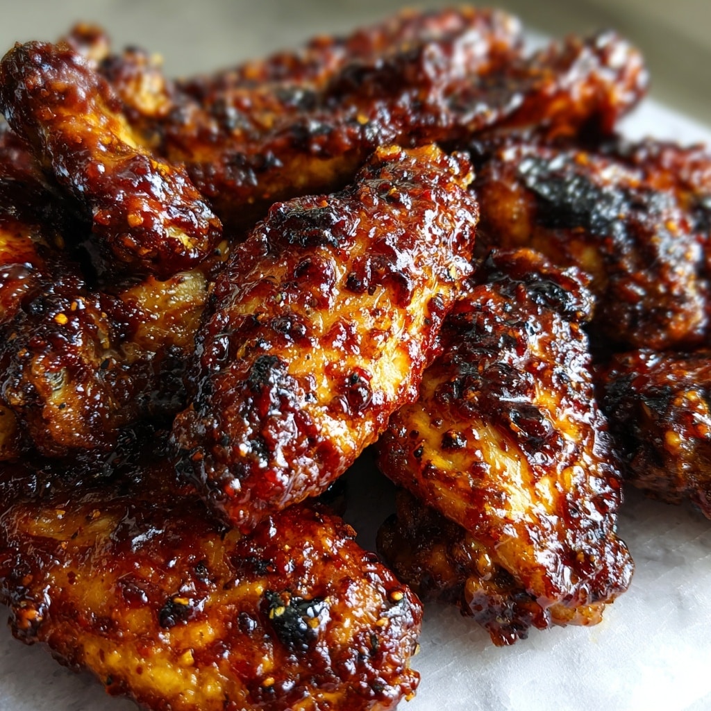 The image shows a close-up of many pieces of cooked chicken wings covered in a shiny, dark brown sauce with a sticky texture. The wings have a slightly charred look in some spots, giving them a grilled or roasted feel. The sauce looks thick and glossy, coating each wing evenly. The background is a white marbled texture. photo taken with an iphone --ar 4:5 --v 7