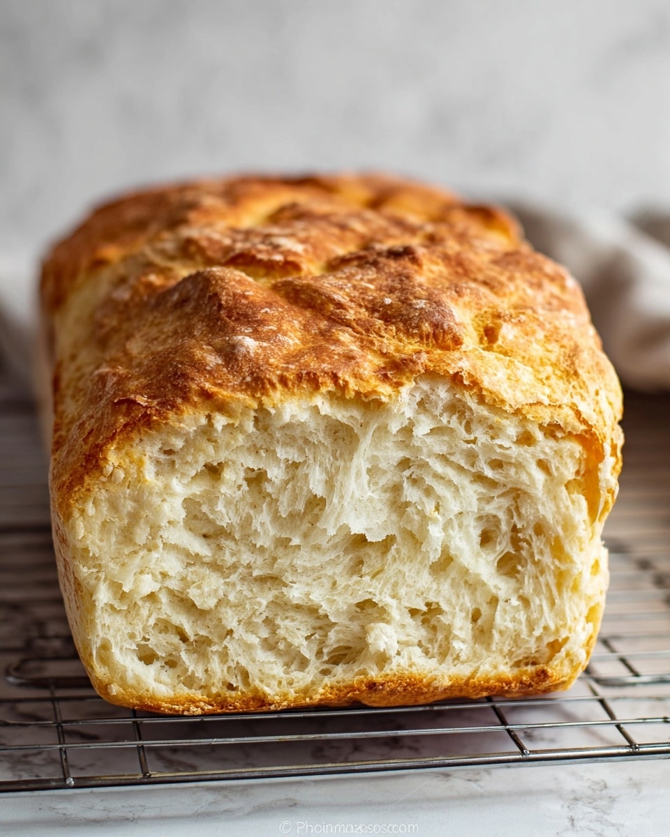 A close-up of a golden-brown loaf of bread cooling on a wire rack, showing its rough, rustic texture with a lightly cracked top crust. The loaf's surface has an uneven golden tan color, with a soft, fluffy, pale yellow inside peeking through a torn section in the center. The background features a smooth white marbled texture, highlighting the warm tones of the bread photo taken with an iphone --ar 4:5 --v 7