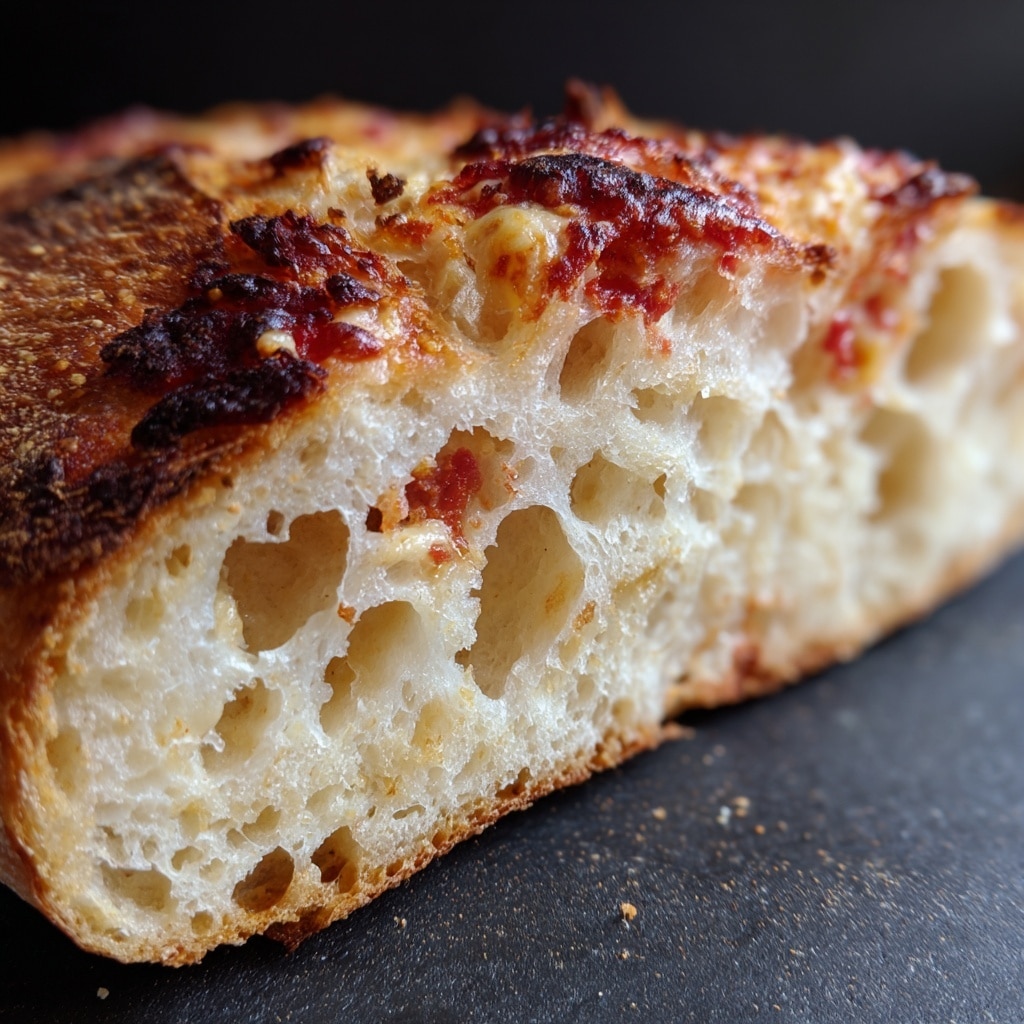 A close-up of a thick slice of bread with a light golden crust and an airy, soft inside full of big holes. The top has a rough, slightly burnt layer with deep red and dark brown spots showing baked sauce and cheese that looks melted and slightly crispy. The bread rests on a dark surface that contrasts with the light color of the bread. Photo taken with an iphone --ar 4:5 --v 7