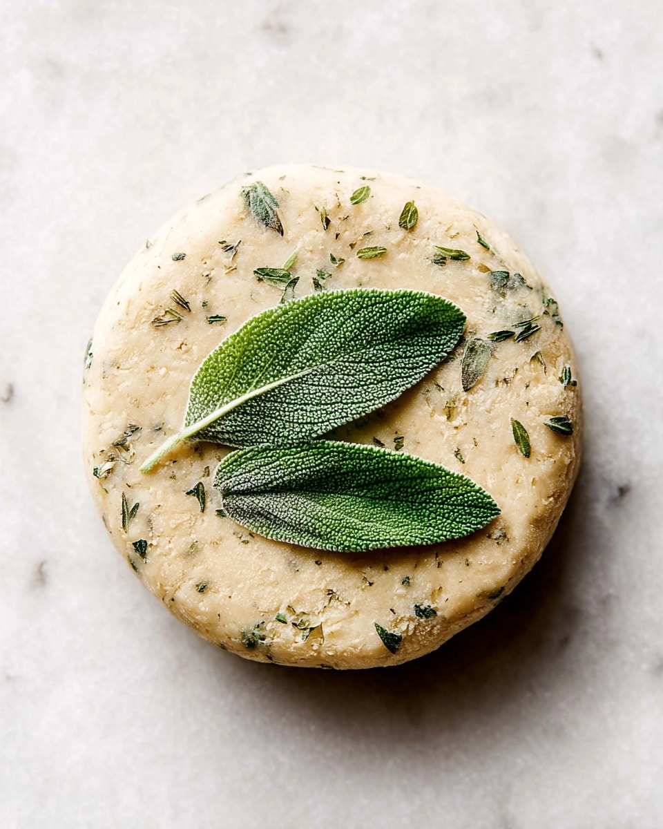A single round piece of light beige dough with visible small flecks of green herbs spread throughout, topped with two fresh, textured green leaves placed near the center, all set on a white marbled surface. The dough has a slightly rough surface and an uncooked appearance. Photo taken with an iphone --ar 4:5 --v 7