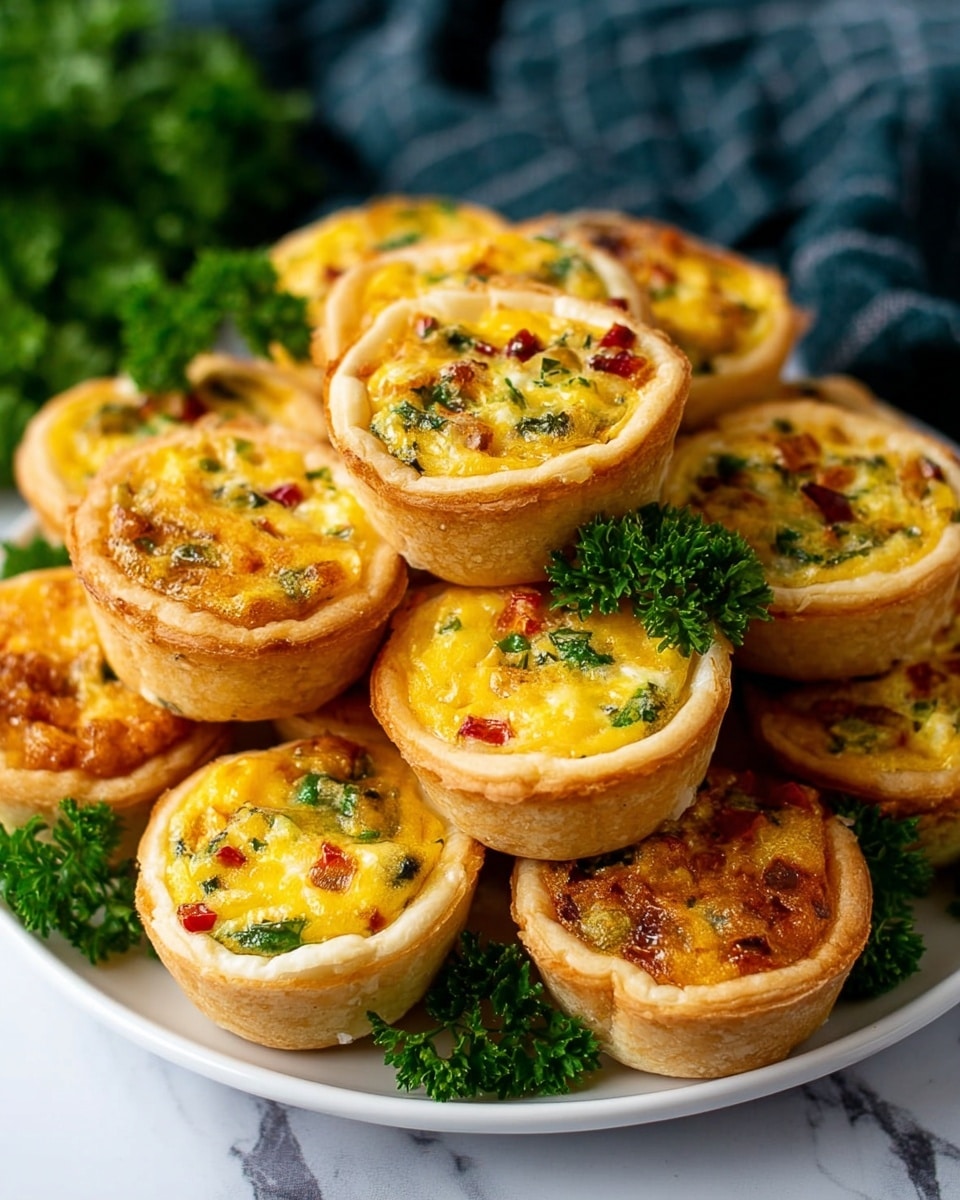 A white plate filled with small round mini quiches, stacked in a pile. Each quiche has a golden-brown crust forming the base and sides, holding a colorful filling that has a yellow, creamy egg layer mixed with chopped green herbs, red pepper bits, and some melted cheese. The tops of the quiches are slightly browned and textured with visible bits of vegetables and herbs. Around the edge of the plate are fresh green parsley leaves adding a touch of color. The plate is placed on a white marbled surface with a blurred background of more green parsley and a cloth. photo taken with an iphone --ar 4:5 --v 7