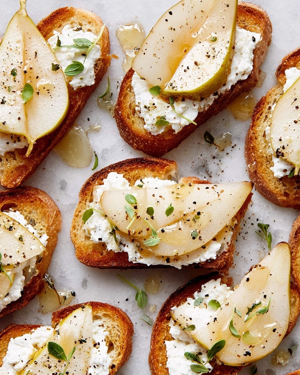 Slices of toasted golden brown bread form the base layer, each topped with a thin, light beige slice of pear placed diagonally. On top of the pear, there is a slightly lumpy dollop of white creamy ricotta cheese sprinkled with cracked black pepper. Small green herb leaves are scattered on the cheese and around the toasts. Light golden honey is drizzled over the toasts and the white marbled surface beneath, creating a shiny, sticky look. The toasts are arranged close but not touching, filling the frame evenly. photo taken with an iphone --ar 4:5 --v 7