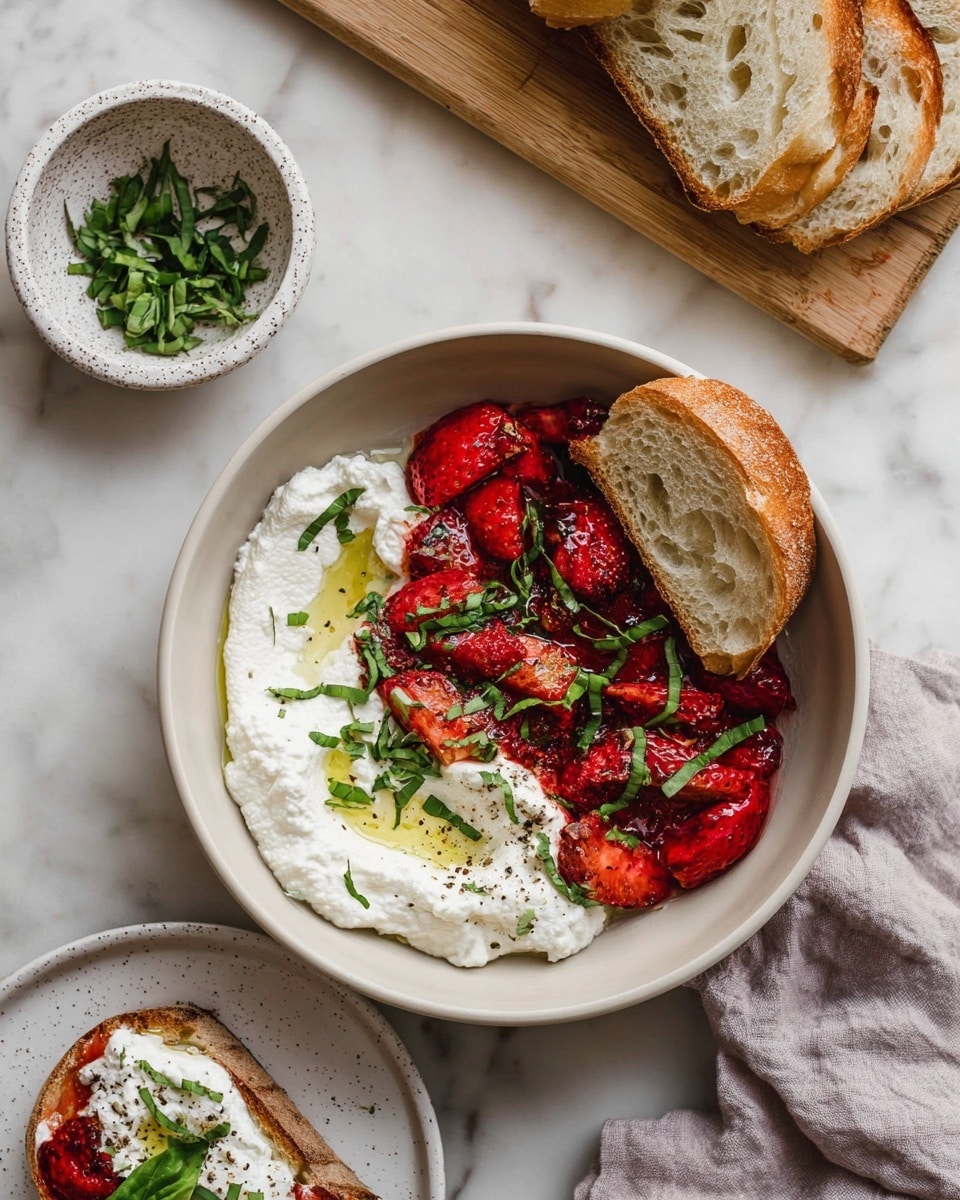A white bowl holds two main layers: on one side, a creamy white layer of whipped ricotta cheese drizzled with light golden olive oil and sprinkled with small green chopped basil leaves and black pepper, while on the other side, bright red roasted strawberries in syrup topped with shredded green basil. Two pieces of crusty light brown sourdough bread lean inside the bowl on the ricotta side. Nearby, a small white speckled bowl contains extra chopped green basil on a white marbled surface, a wooden cutting board with more slices of sourdough bread sits in the upper left, and the bottom of the image shows a white plate with a slice of bread topped with ricotta and roasted strawberries. A soft grey cloth is folded near the bowl. photo taken with an iphone --ar 4:5 --v 7
