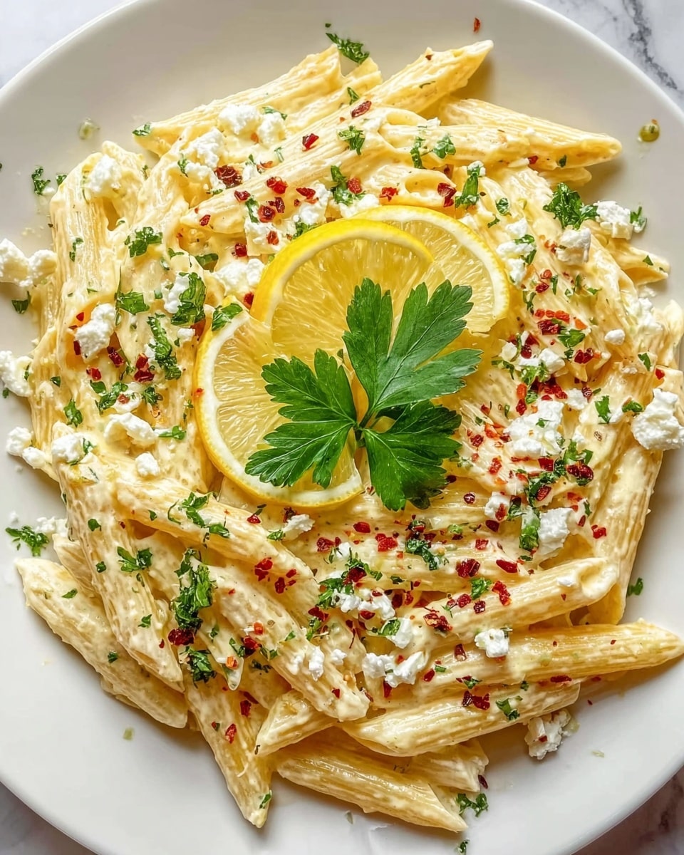 The image shows a white plate filled with creamy penne pasta arranged in layers, coated with a smooth, pale yellow sauce. On top, there are small dollops of white cheese, scattered finely chopped green herbs, and red chili flakes evenly spread. Three thin lemon slices are placed near the center, with one bright green parsley sprig right in the middle, adding a fresh touch on top of the pasta layers. The plate is resting on a white marbled surface. Photo taken with an iphone --ar 4:5 --v 7