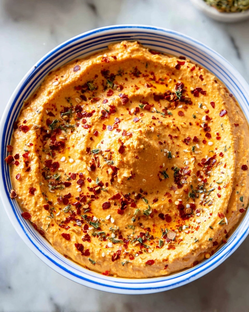 A white bowl with blue stripes on the edge holds a thick, creamy dip that is orange in color with a slightly chunky texture. The dip is swirled on the top, creating a small peak in the center, and sprinkled evenly with red chili flakes and dried green herbs. The dip fills the bowl close to the rim, sitting on a white marbled surface. photo taken with an iphone --ar 4:5 --v 7