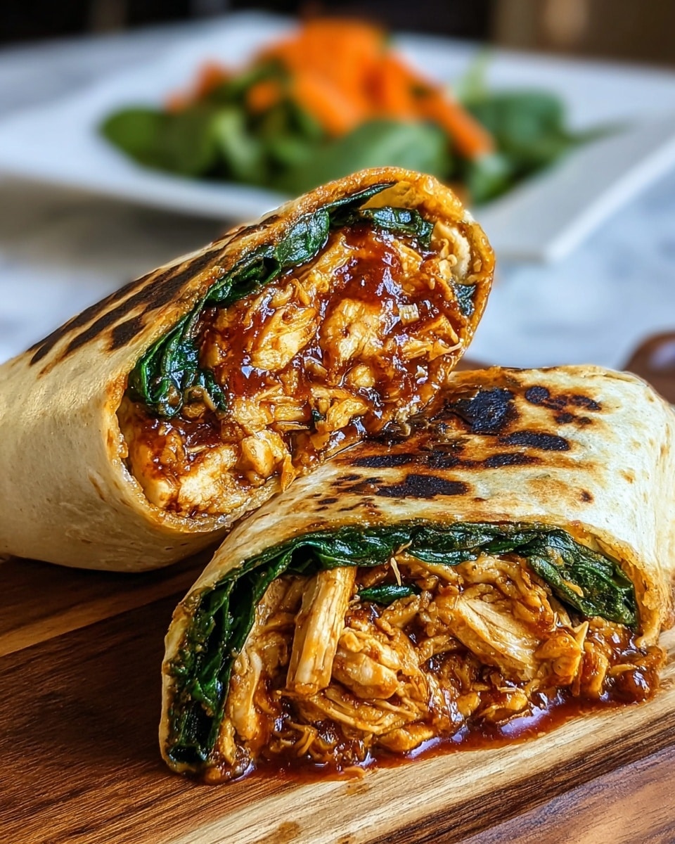 The image shows a close-up of a grilled wrap cut in half, placed on a wooden board. The wrap has a golden brown outside with darker grilled spots. Inside, the first layer is shredded chicken coated in a rich, glossy reddish-brown sauce with a slightly chunky texture. Below the chicken, there is a fresh layer of dark green spinach leaves. The wrap bread is thin and slightly toasted, holding the contents tightly together. In the background, blurred out, there is a white plate with a fresh salad made of green leaves and sliced orange carrots. The whole scene is set on a white marbled texture. photo taken with an iphone --ar 4:5 --v 7